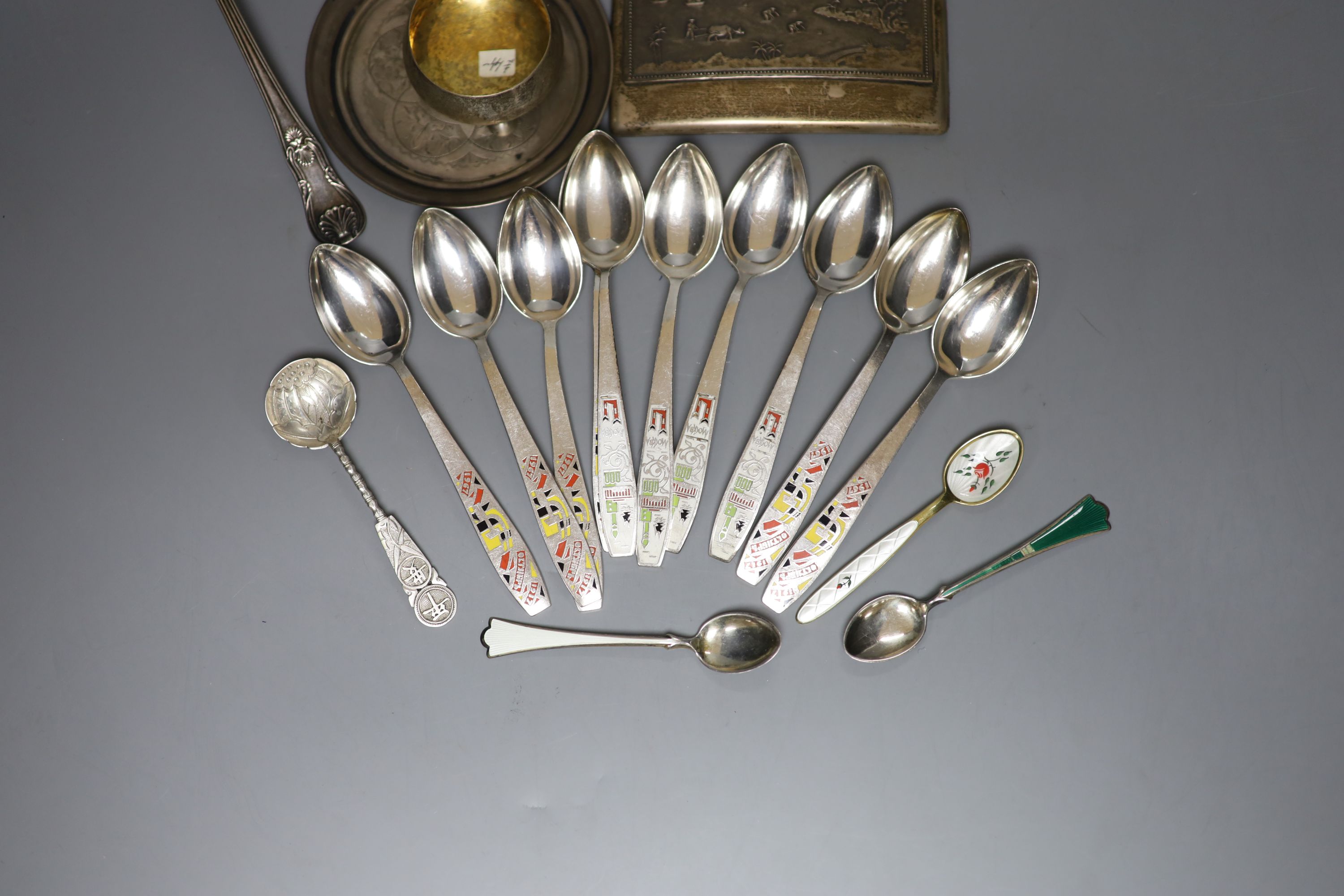 A George V silver sifter spoon and a quantity of assorted white metal items, including a Tiffany & Co sterling salt, a Swedish sifter ladle, sterling & enamel coffee spoons, etc.